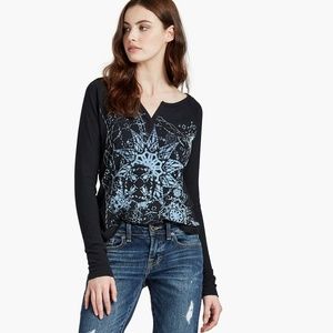 Lucky Brand LS Tee Black w Blue Velvet Design NWT
